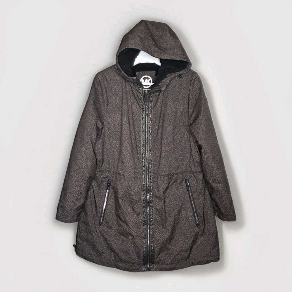 Michael Kors Soft Shell Hooded  Coat Anorak Plus‎ 1X Chocolate Animal Lepord